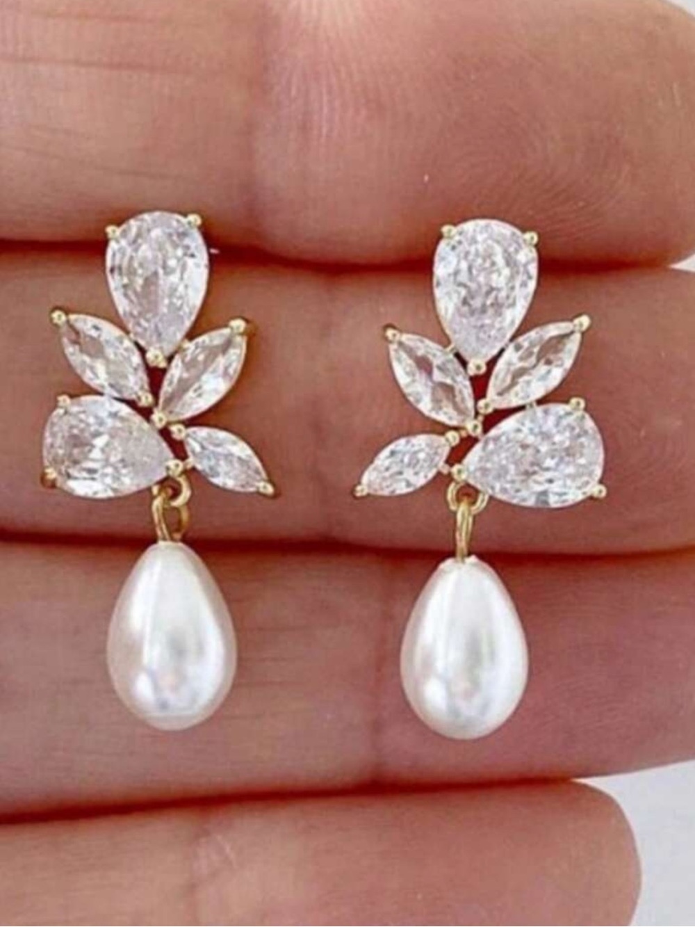 Gold Pearl Drop Earrings with Clear Crystal Accents